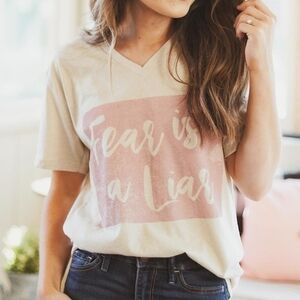 Cream Blush Fear is a Liar V-Neck Short Sleeve Tee